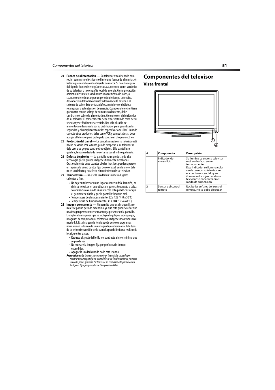 Componentes del televisor, Vista frontal | Dynex DX-LCD32-09 User Manual | Page 51 / 76