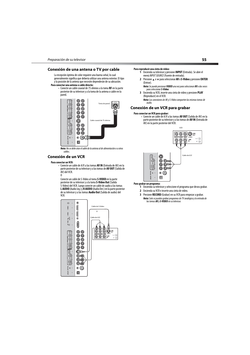 Conexión de una antena o tv por cable, Conexión de un vcr, Conexión de un vcr para grabar | 55 conexión de una antena o tv por cable | Dynex DX-LCD32-09 User Manual | Page 55 / 76