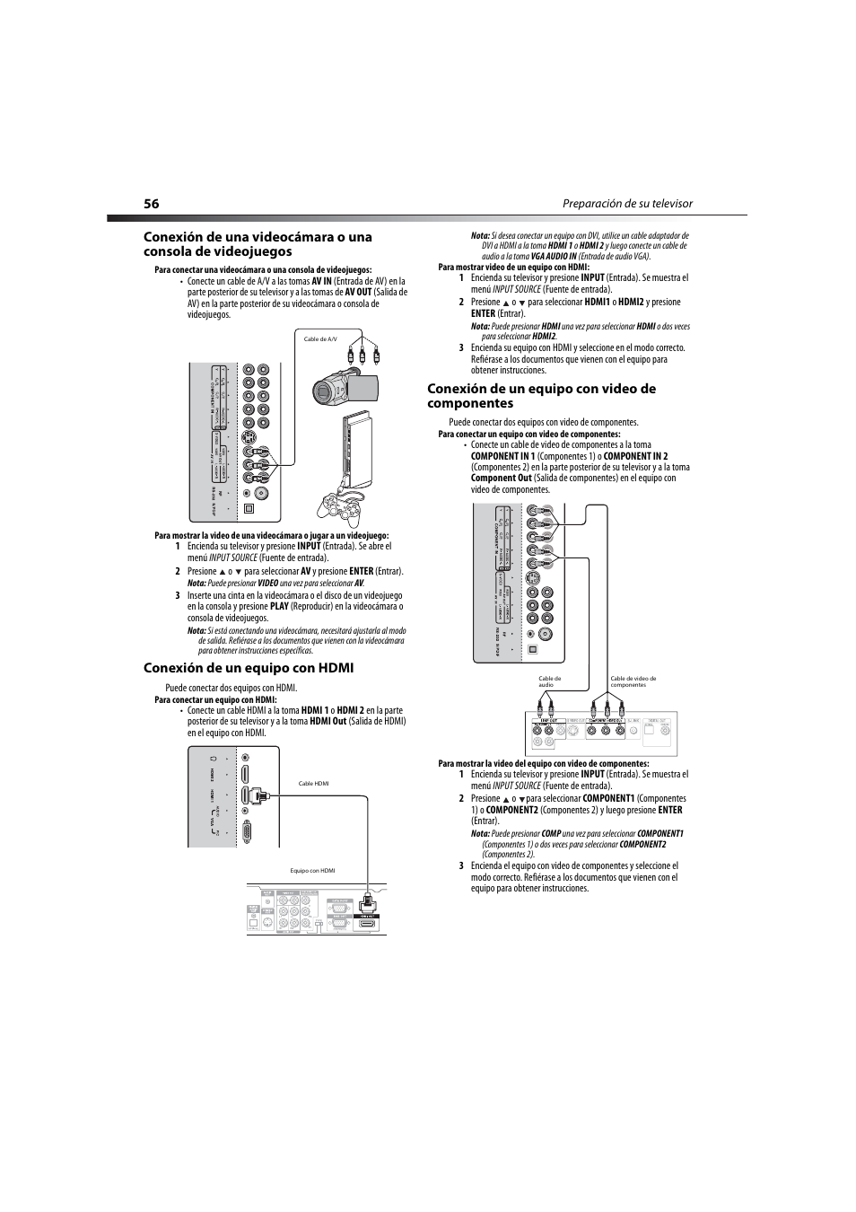 Conexión de un equipo con hdmi, Conexión de un equipo con video de componentes | Dynex DX-LCD32-09 User Manual | Page 56 / 76