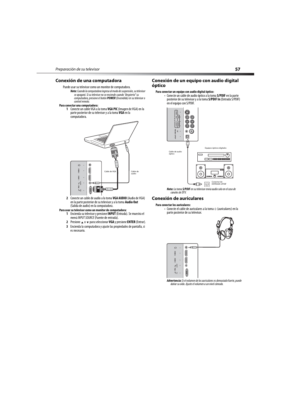 Conexión de una computadora, Conexión de un equipo con audio digital óptico, Conexión de auriculares | 57 conexión de una computadora | Dynex DX-LCD32-09 User Manual | Page 57 / 76