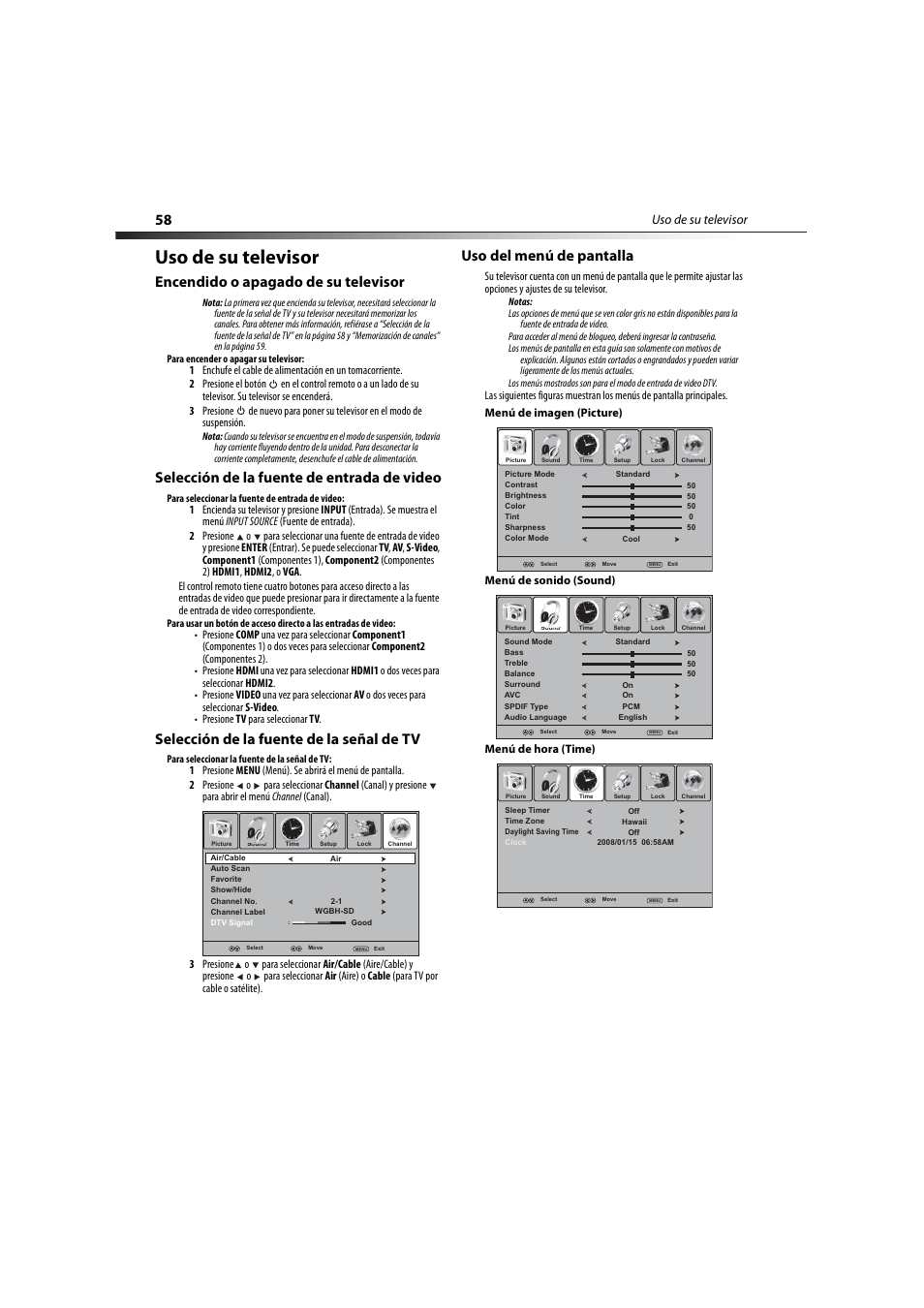 Uso de su televisor, Encendido o apagado de su televisor, Selección de la fuente de entrada de video | Selección de la fuente de la señal de tv, Uso del menú de pantalla | Dynex DX-LCD32-09 User Manual | Page 58 / 76