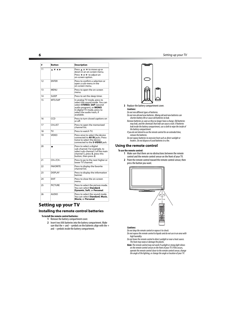 Setting up your tv, Installing the remote control batteries, Using the remote control | Dynex DX-LCD32-09 User Manual | Page 6 / 76