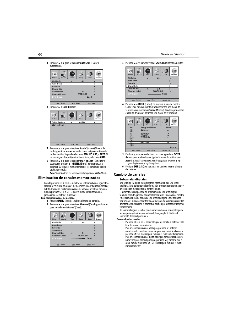 Eliminación de canales memorizados, Cambio de canales, Uso de su televisor | Dynex DX-LCD32-09 User Manual | Page 60 / 76