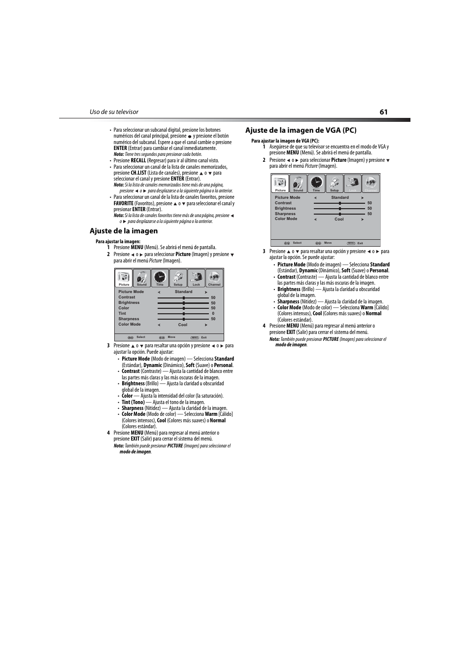 Ajuste de la imagen, Ajuste de la imagen de vga (pc) | Dynex DX-LCD32-09 User Manual | Page 61 / 76