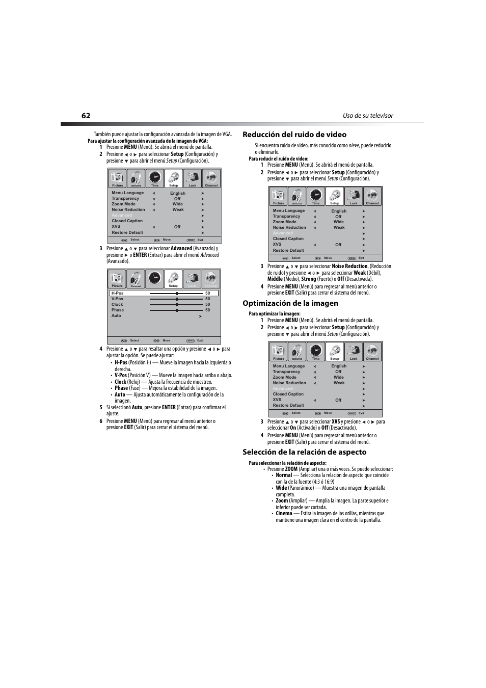 Reducción del ruido de video, Optimización de la imagen, Selección de la relación de aspecto | Uso de su televisor | Dynex DX-LCD32-09 User Manual | Page 62 / 76