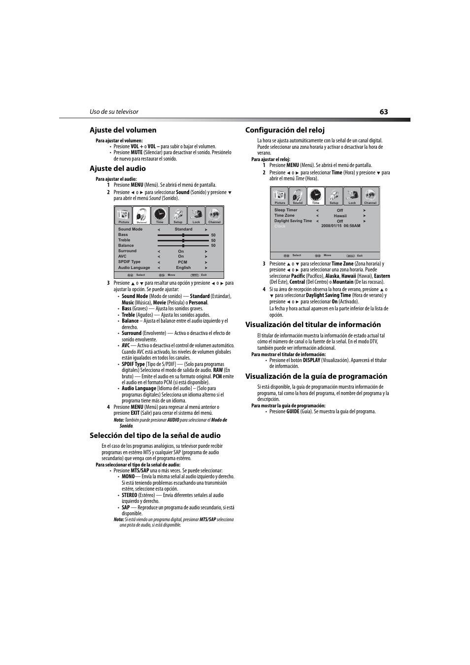 Ajuste del volumen, Ajuste del audio, Selección del tipo de la señal de audio | Configuración del reloj, Visualización del titular de información, Visualización de la guía de programación, 63 ajuste del volumen | Dynex DX-LCD32-09 User Manual | Page 63 / 76