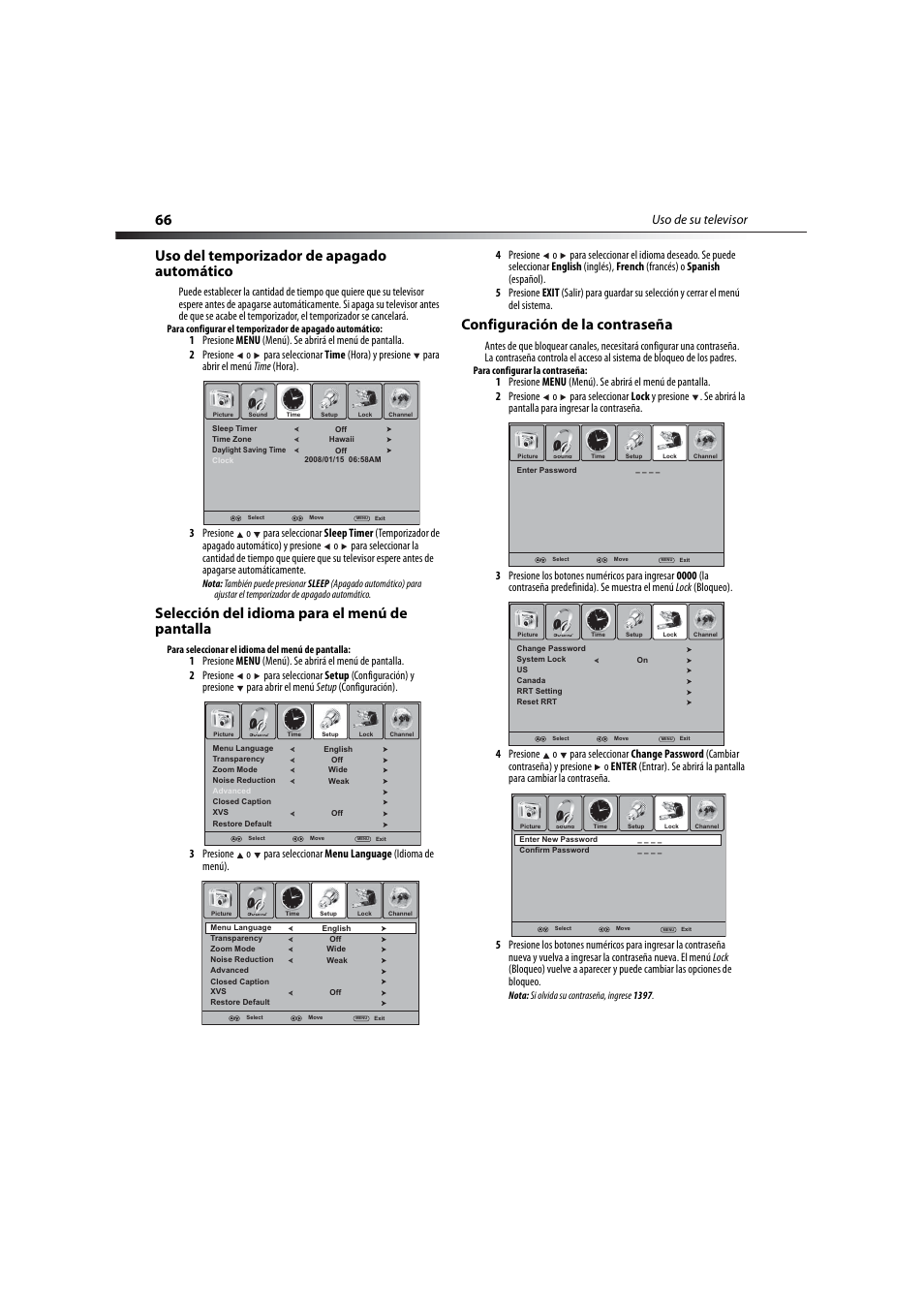 Uso del temporizador de apagado automático, Selección del idioma para el menú de pantalla, Configuración de la contraseña | Uso de su televisor | Dynex DX-LCD32-09 User Manual | Page 66 / 76