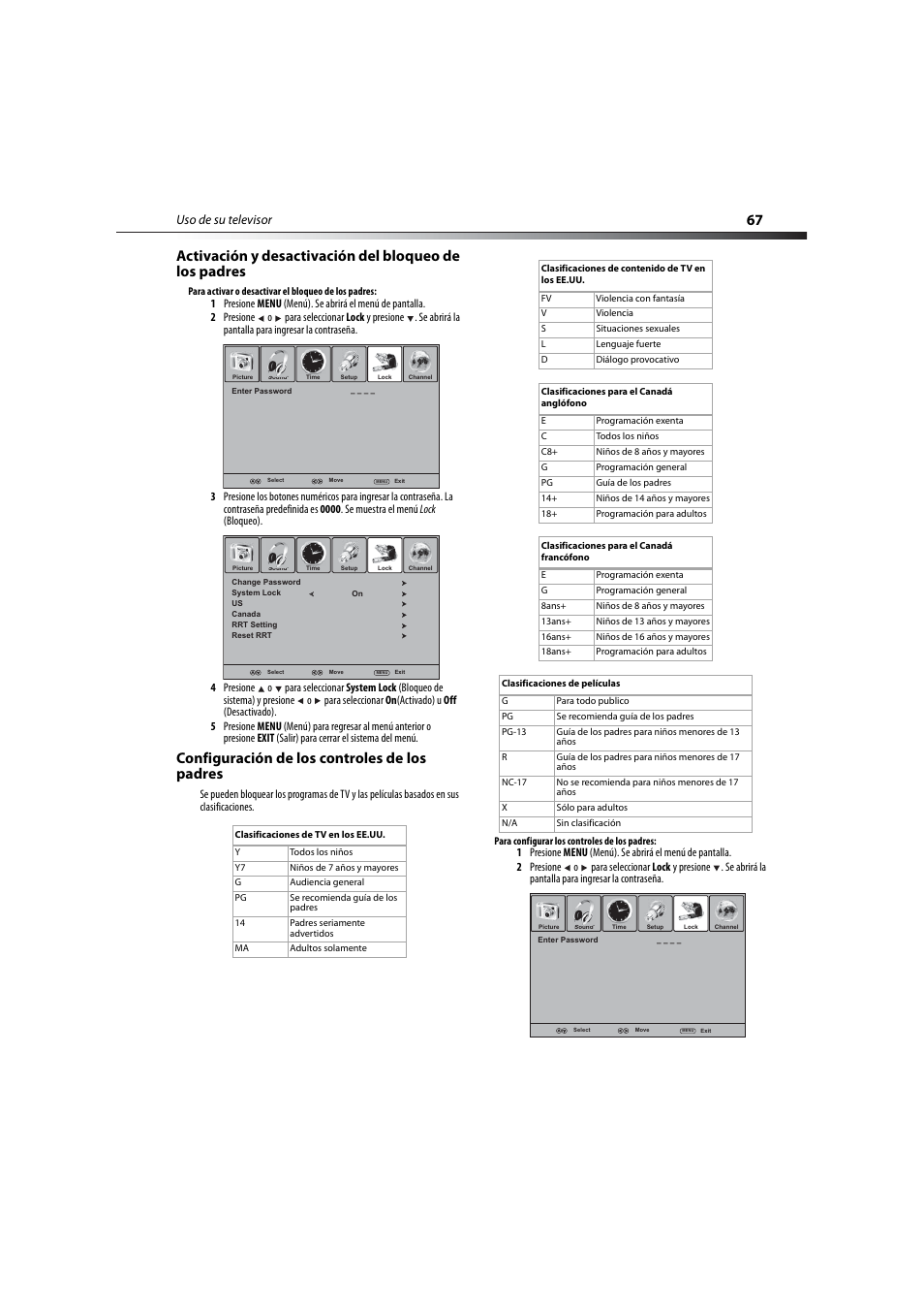 Configuración de los controles de los padres, Uso de su televisor | Dynex DX-LCD32-09 User Manual | Page 67 / 76