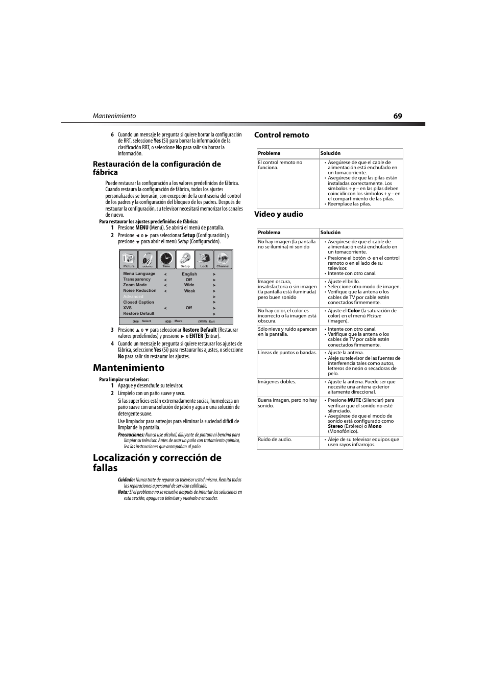 Restauración de la configuración de fábrica, Mantenimiento, Localización y corrección de fallas | Control remoto, Video y audio, Mantenimiento localización y corrección de fallas, Control remoto video y audio | Dynex DX-LCD32-09 User Manual | Page 69 / 76