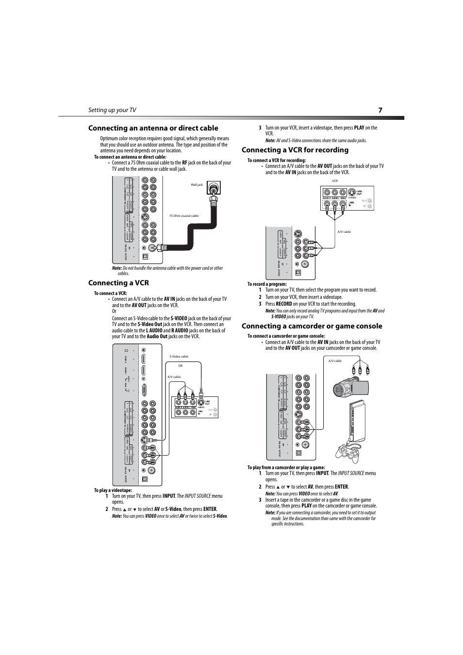 Connecting an antenna or direct cable, Connecting a vcr, Connecting a vcr for recording | Connecting a camcorder or game console, 7connecting an antenna or direct cable | Dynex DX-LCD32-09 User Manual | Page 7 / 76