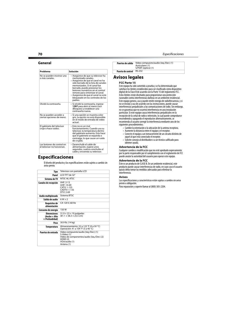 General, Especificaciones, Avisos legales | Especificaciones avisos legales | Dynex DX-LCD32-09 User Manual | Page 70 / 76