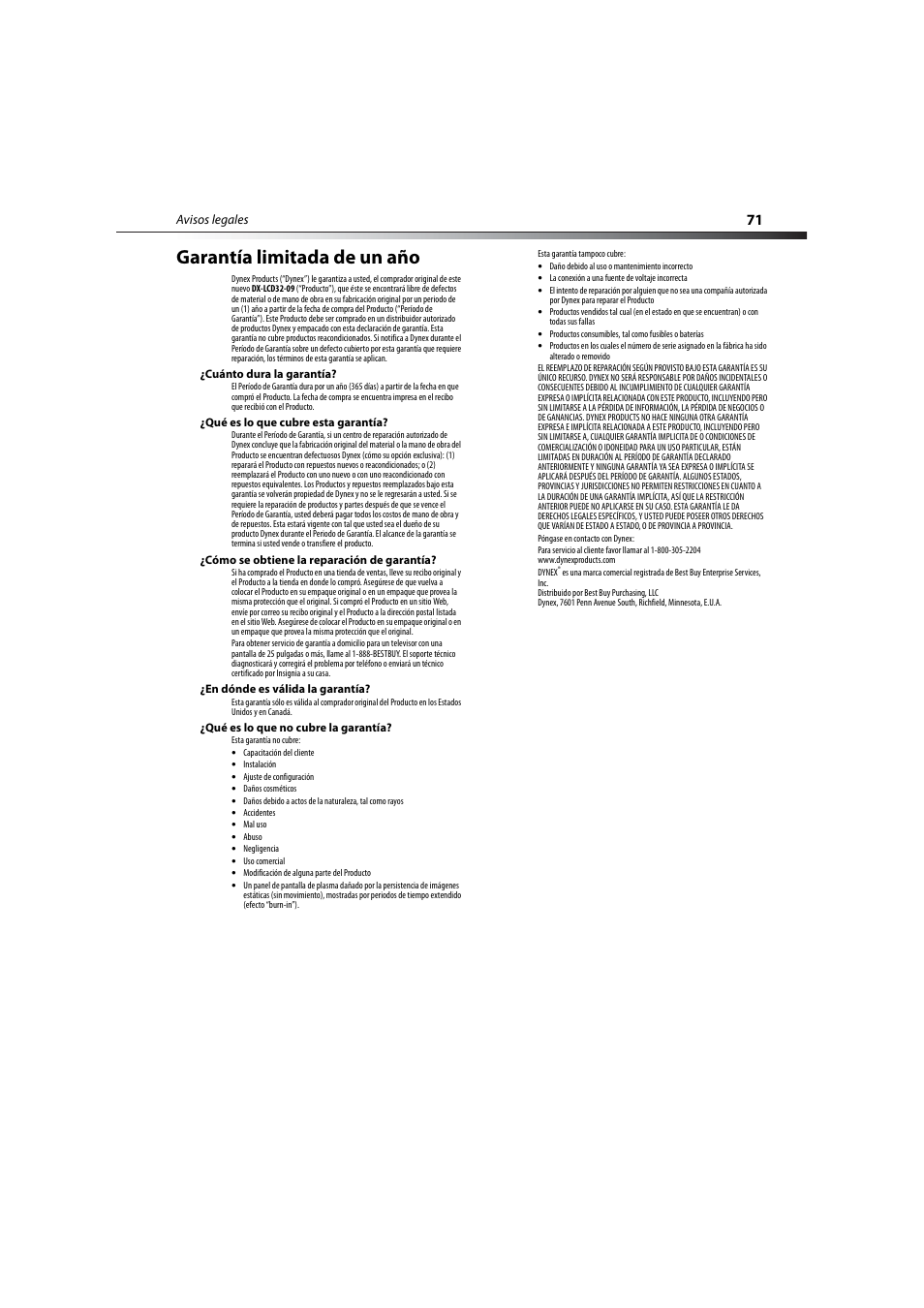 Garantía limitada de un aсo, Garantía limitada de un año | Dynex DX-LCD32-09 User Manual | Page 71 / 76