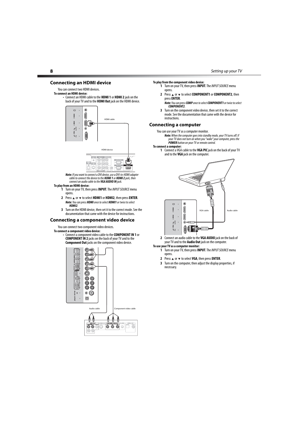 Connecting an hdmi device, Connecting a component video device, Connecting a computer | Dynex DX-LCD32-09 User Manual | Page 8 / 76