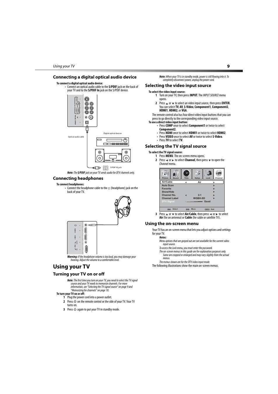 Connecting a digital optical audio device, Connecting headphones, Using your tv | Turning your tv on or off, Selecting the video input source, Selecting the tv signal source, Using the on-screen menu, 9connecting a digital optical audio device | Dynex DX-LCD32-09 User Manual | Page 9 / 76