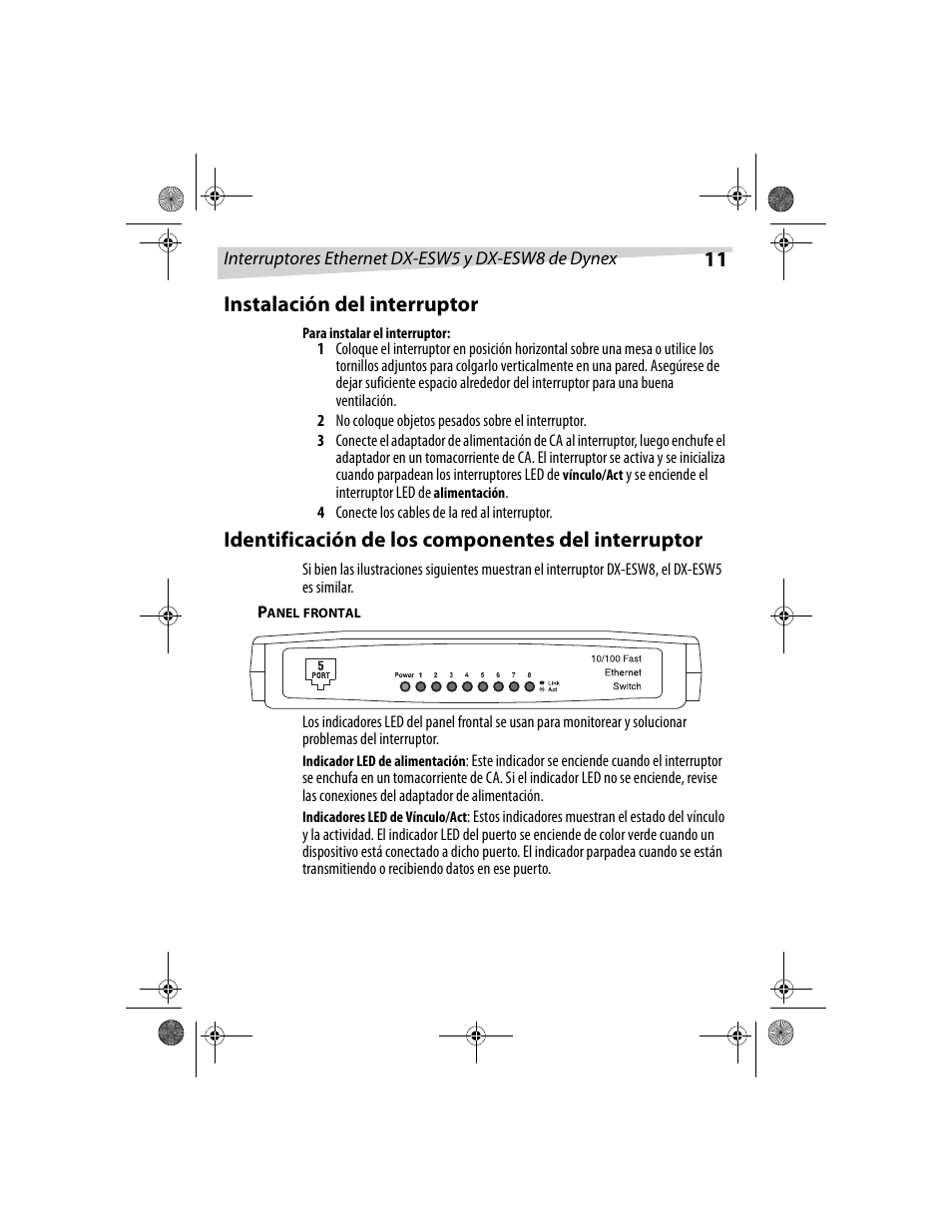 11 instalación del interruptor, Identificación de los componentes del interruptor | Dynex DX-ESW5 User Manual | Page 11 / 14