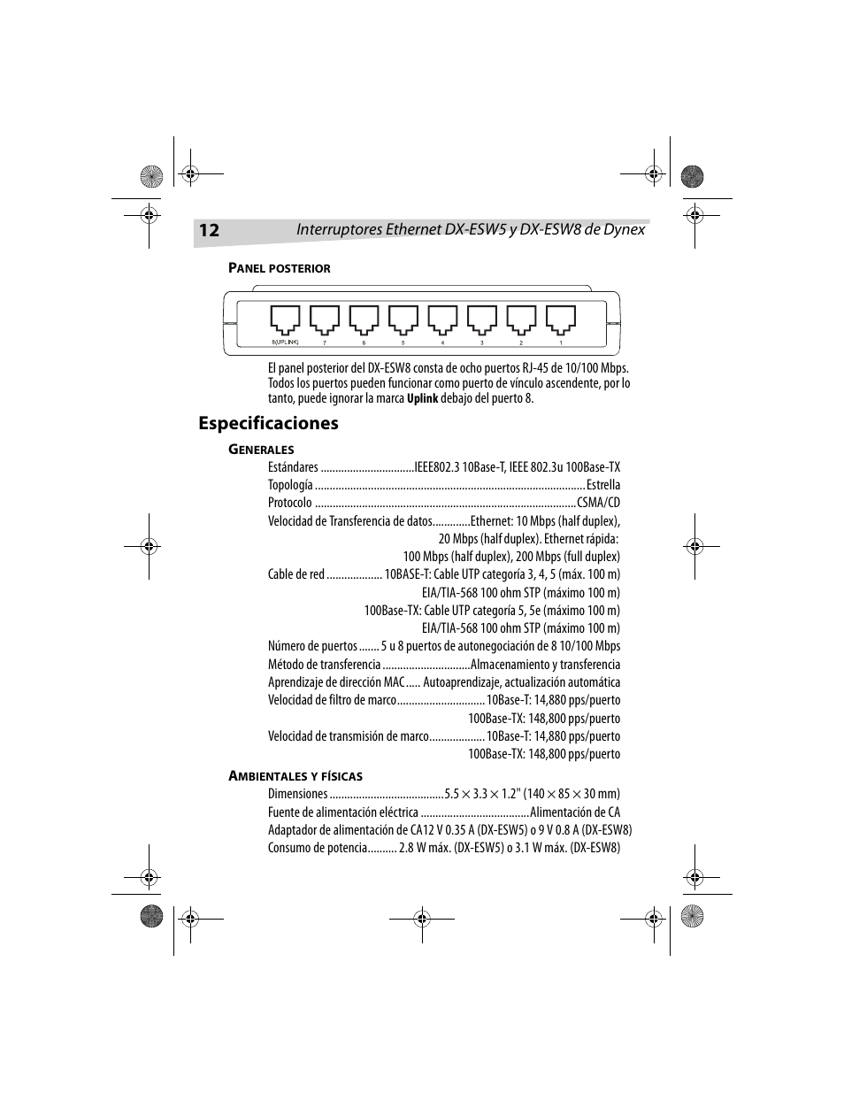 Especificaciones | Dynex DX-ESW5 User Manual | Page 12 / 14