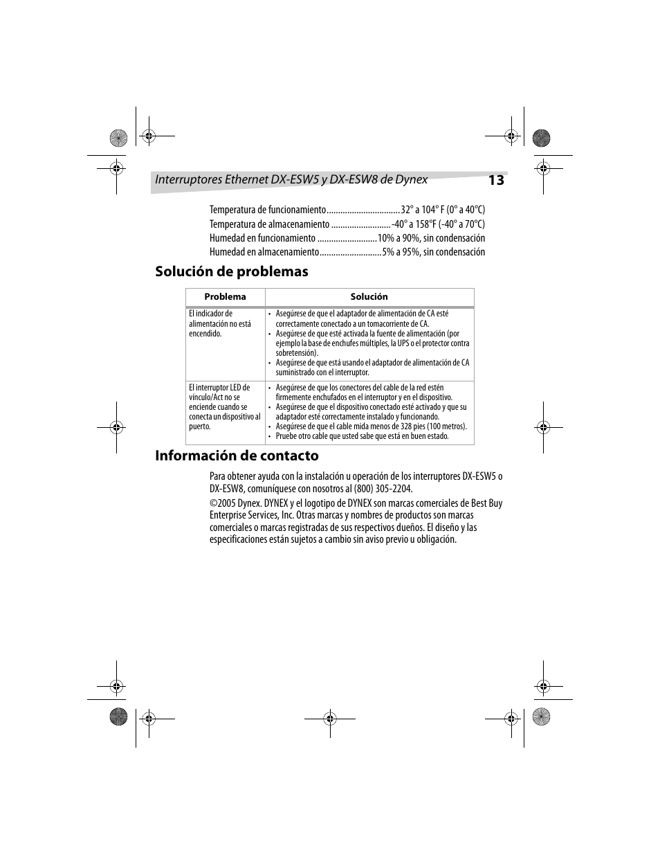 Solución de problemas información de contacto | Dynex DX-ESW5 User Manual | Page 13 / 14