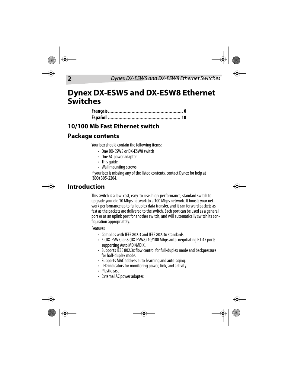 Dynex dx-esw5 and dx-esw8 ethernet switches | Dynex DX-ESW5 User Manual | Page 2 / 14