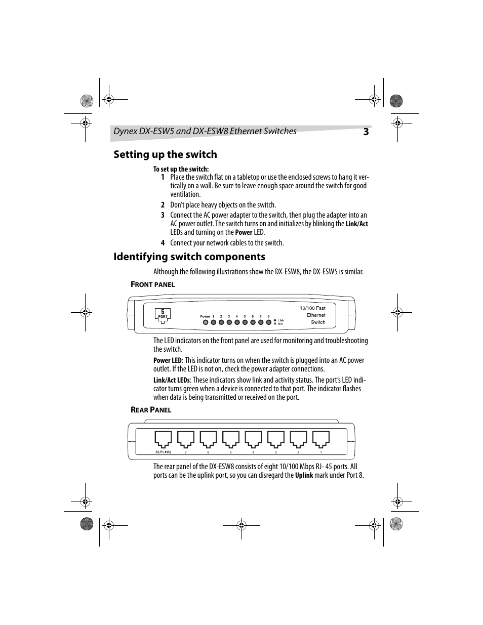 3setting up the switch, Identifying switch components | Dynex DX-ESW5 User Manual | Page 3 / 14