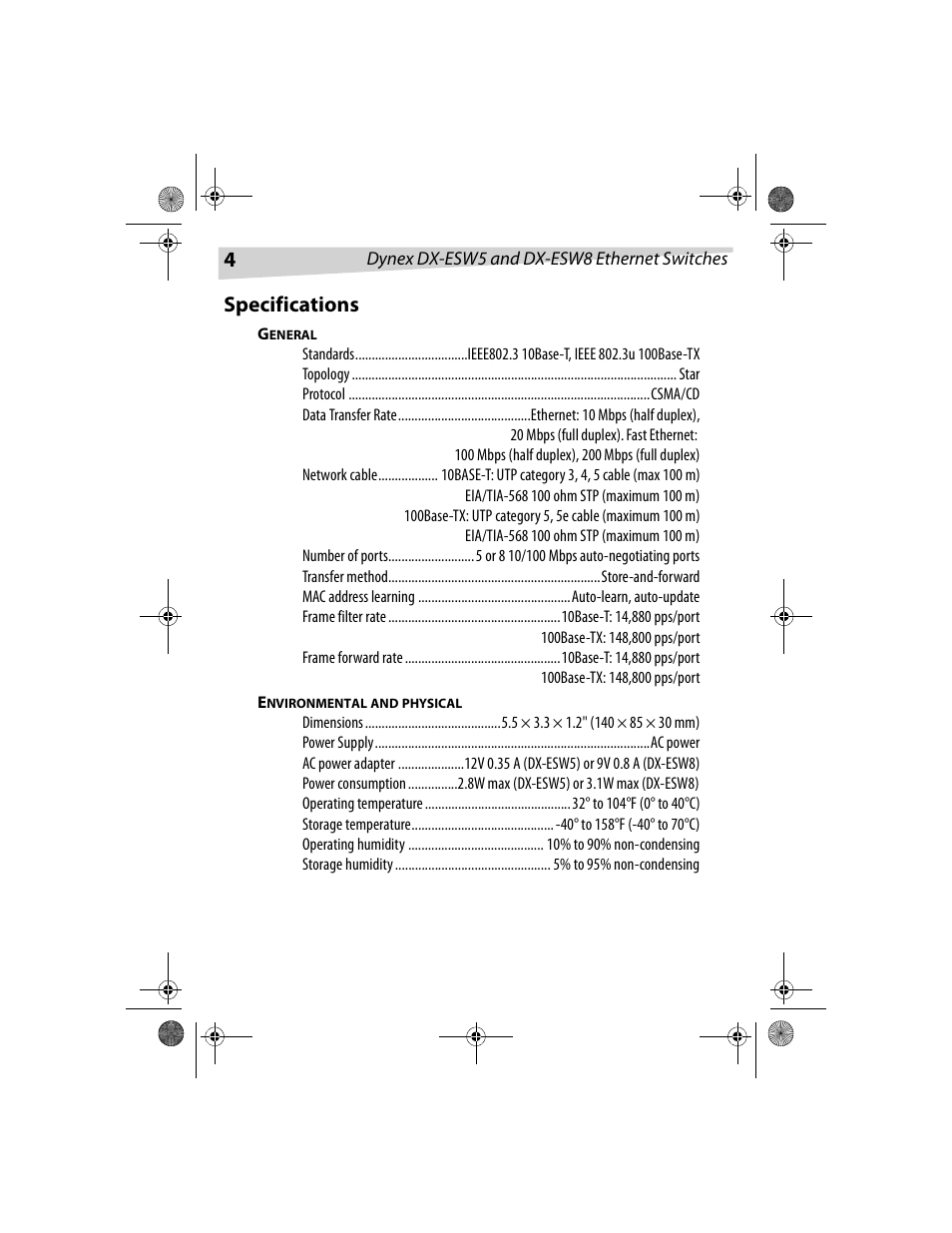 Specifications | Dynex DX-ESW5 User Manual | Page 4 / 14