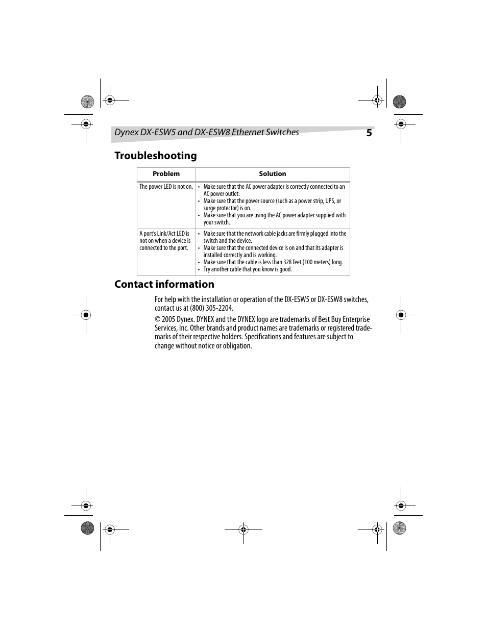 5troubleshooting contact information | Dynex DX-ESW5 User Manual | Page 5 / 14