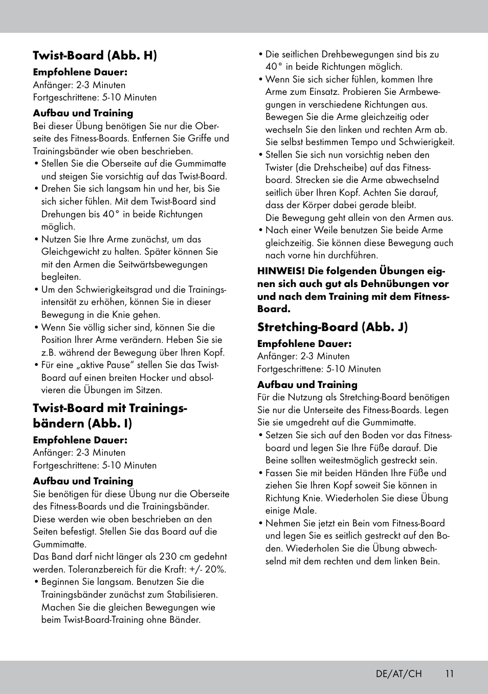 Twist-board (abb. h), Twist-board mit trainings- bändern (abb. i), Stretching-board (abb. j) | Crivit FB-1539 User Manual | Page 11 / 48