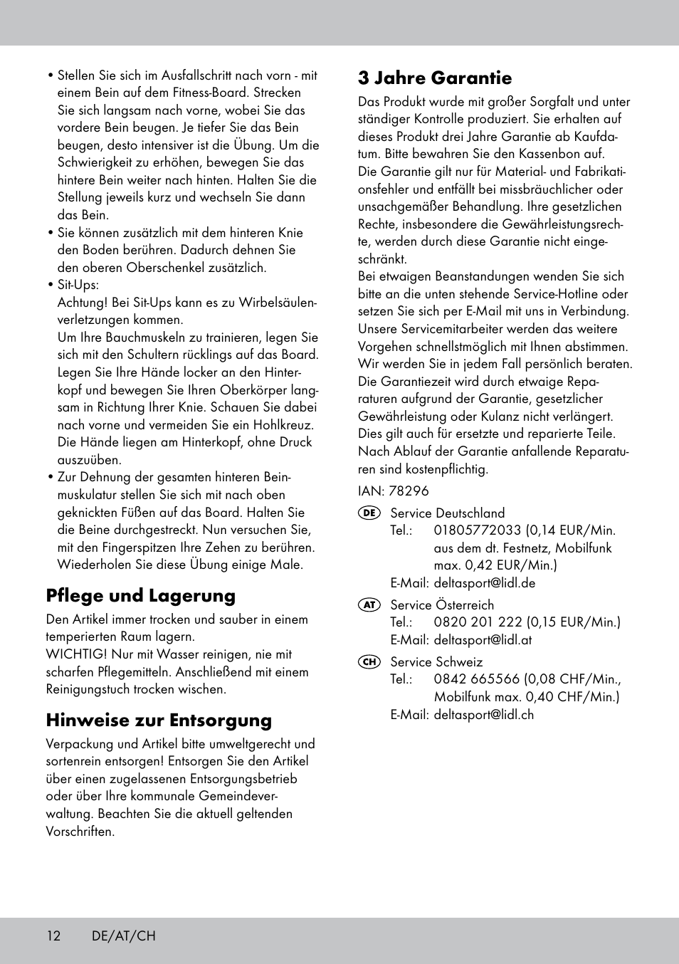 3 jahre garantie, Pflege und lagerung, Hinweise zur entsorgung | Crivit FB-1539 User Manual | Page 12 / 48