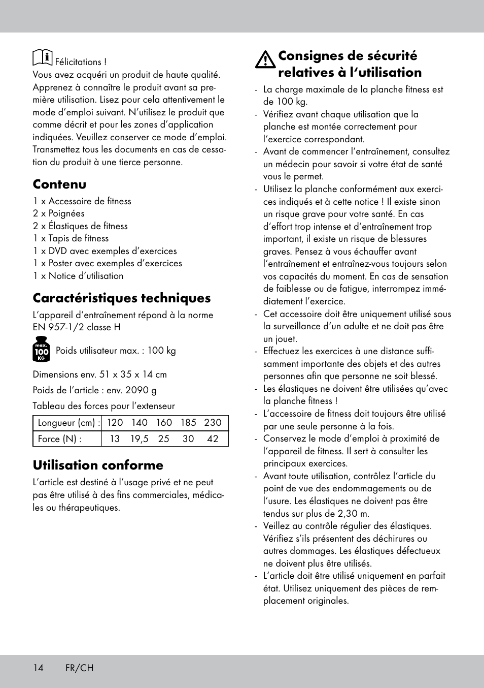 Contenu, Caractéristiques techniques, Utilisation conforme | Consignes de sécurité relatives à l‘utilisation | Crivit FB-1539 User Manual | Page 14 / 48
