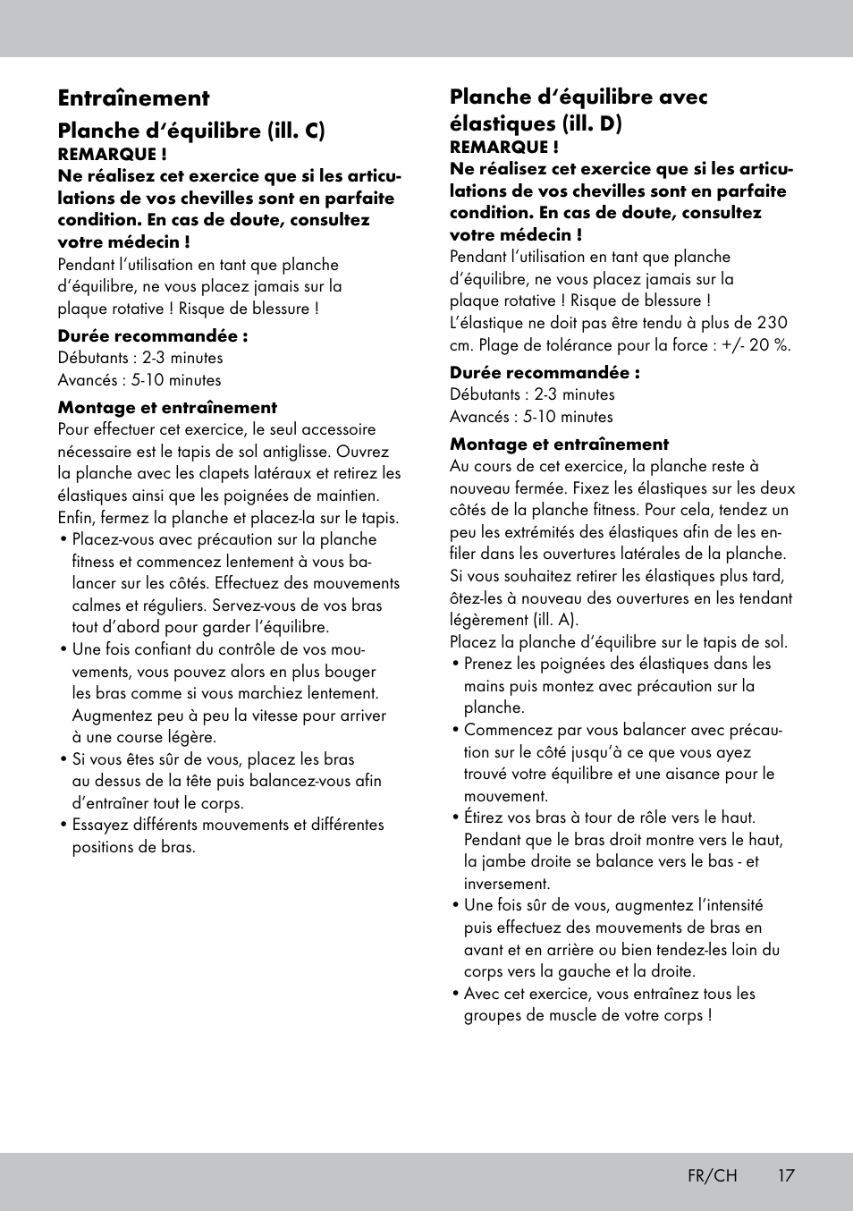 Entraînement, Planche d‘équilibre (ill. c), Planche d‘équilibre avec élastiques (ill. d) | Crivit FB-1539 User Manual | Page 17 / 48
