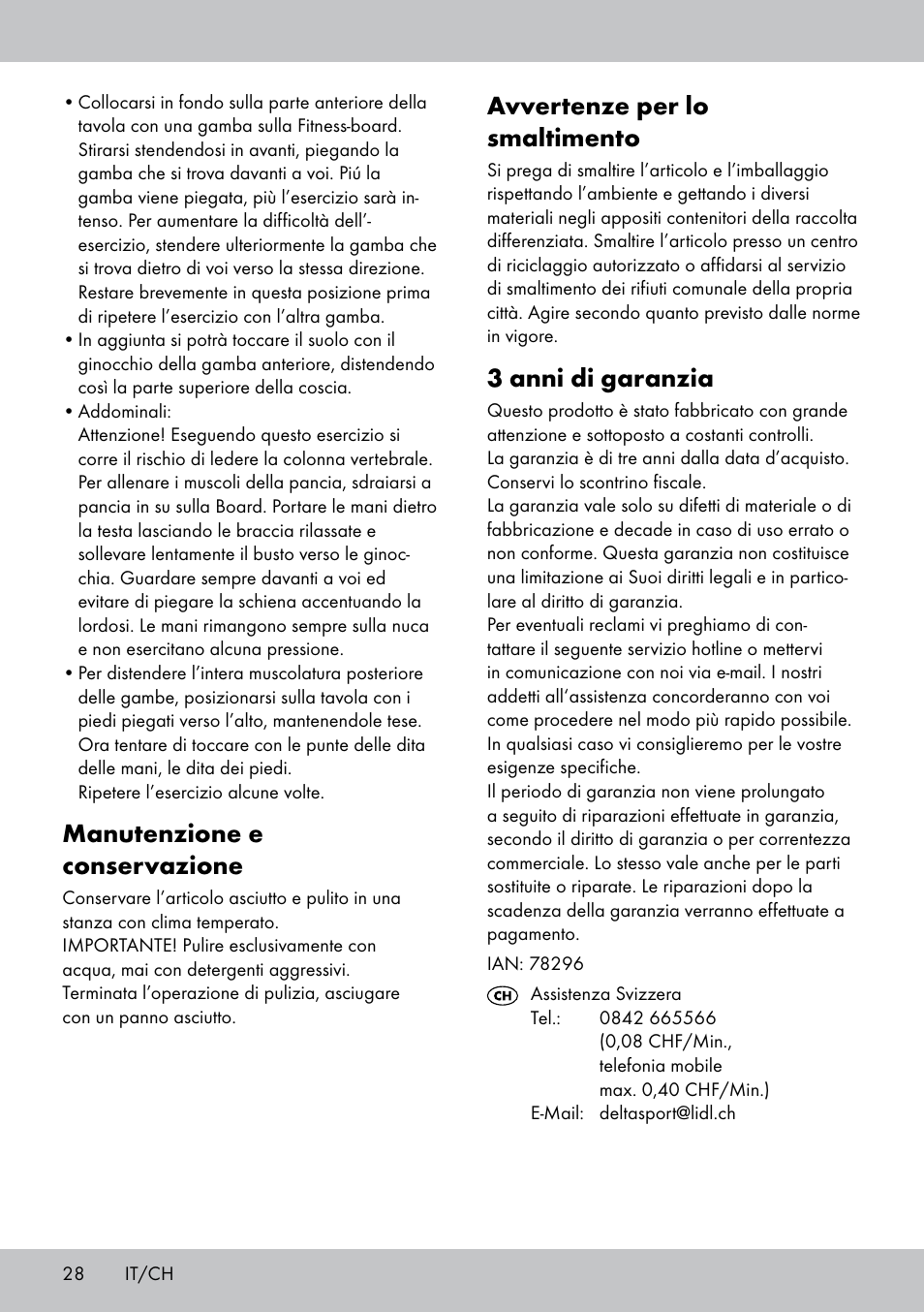 Avvertenze per lo smaltimento, 3 anni di garanzia, Manutenzione e conservazione | Crivit FB-1539 User Manual | Page 28 / 48