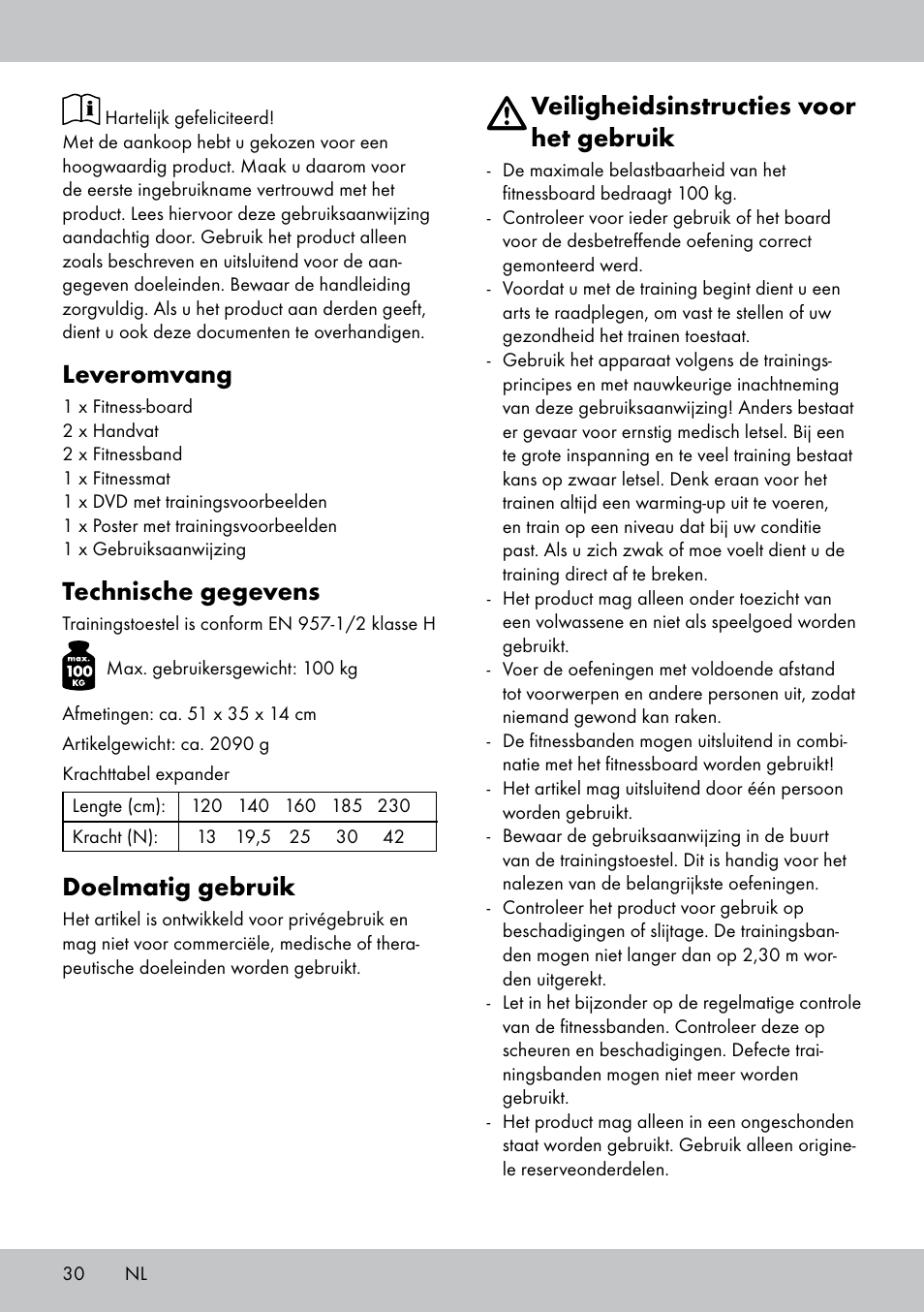 Leveromvang, Technische gegevens, Doelmatig gebruik | Veiligheidsinstructies voor het gebruik | Crivit FB-1539 User Manual | Page 30 / 48