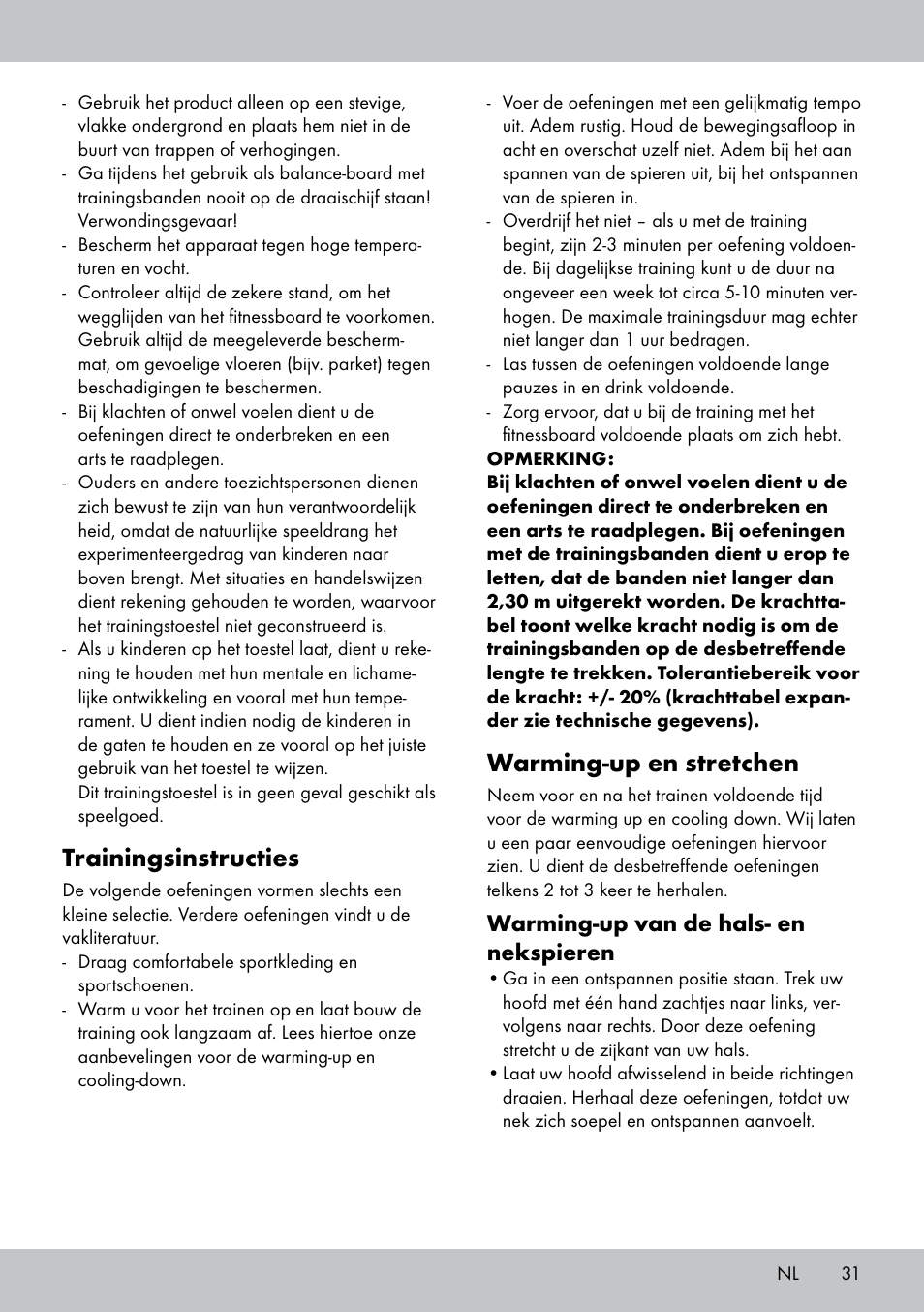 Trainingsinstructies, Warming-up en stretchen, Warming-up van de hals- en nekspieren | Crivit FB-1539 User Manual | Page 31 / 48