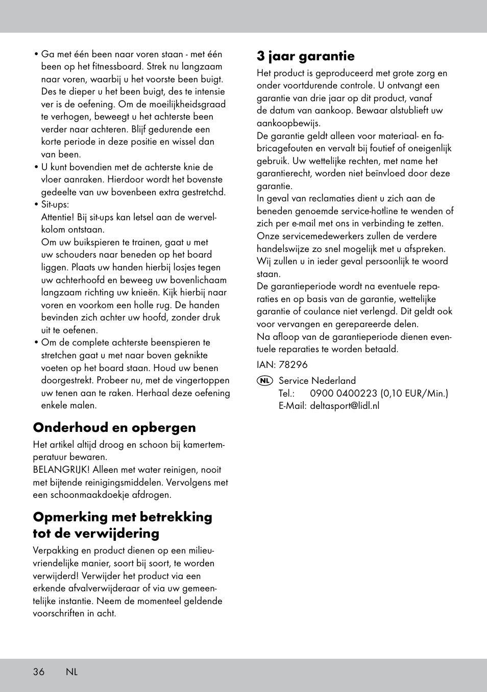 3 jaar garantie, Onderhoud en opbergen, Opmerking met betrekking tot de verwijdering | Crivit FB-1539 User Manual | Page 36 / 48