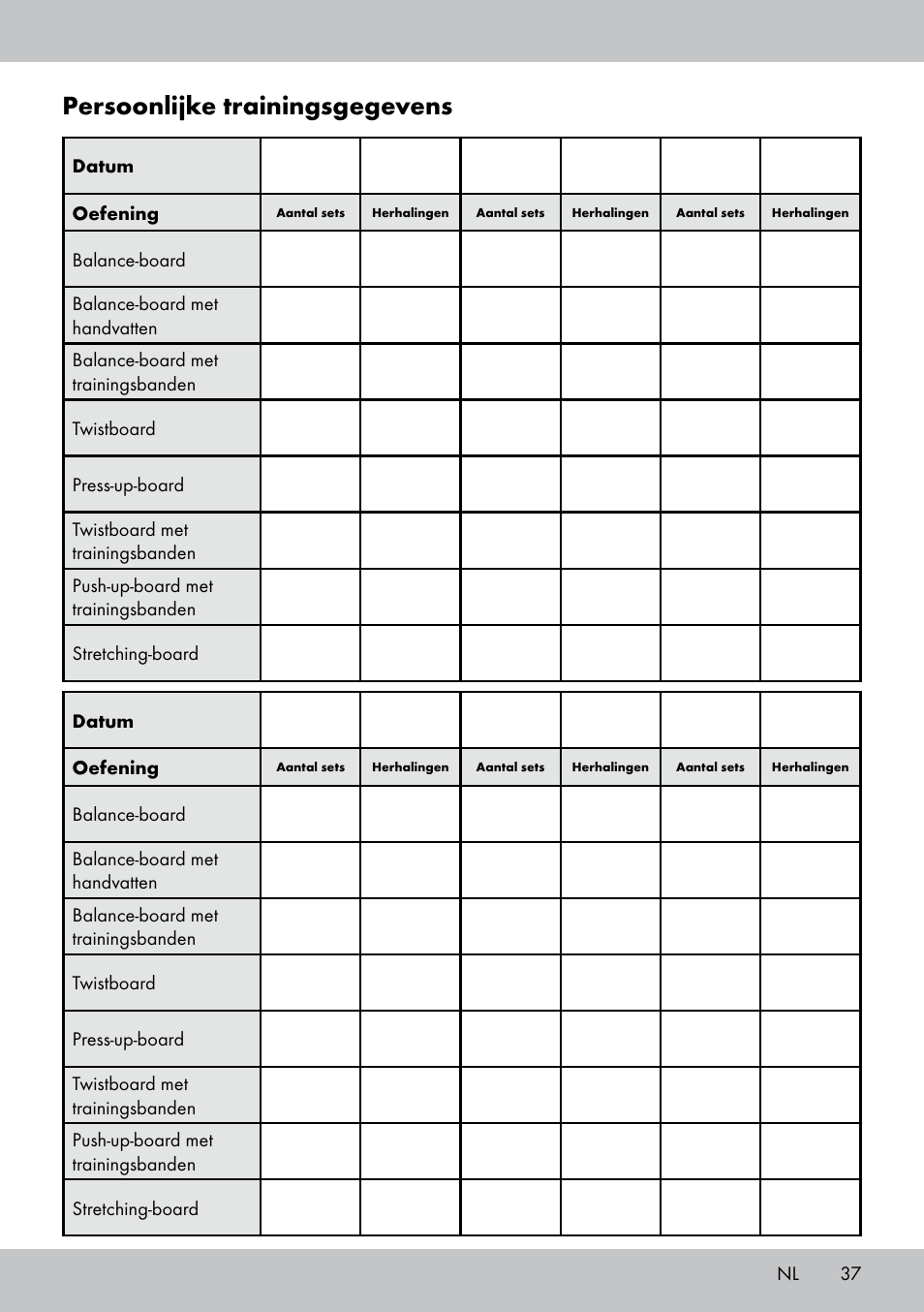 Persoonlijke trainingsgegevens | Crivit FB-1539 User Manual | Page 37 / 48