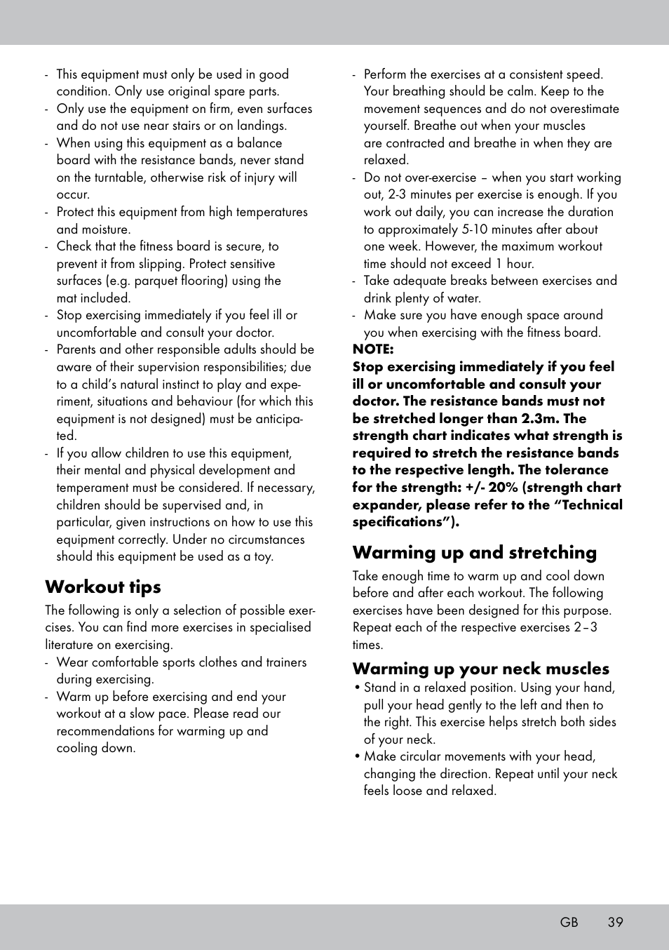 Workout tips, Warming up and stretching, Warming up your neck muscles | Crivit FB-1539 User Manual | Page 39 / 48