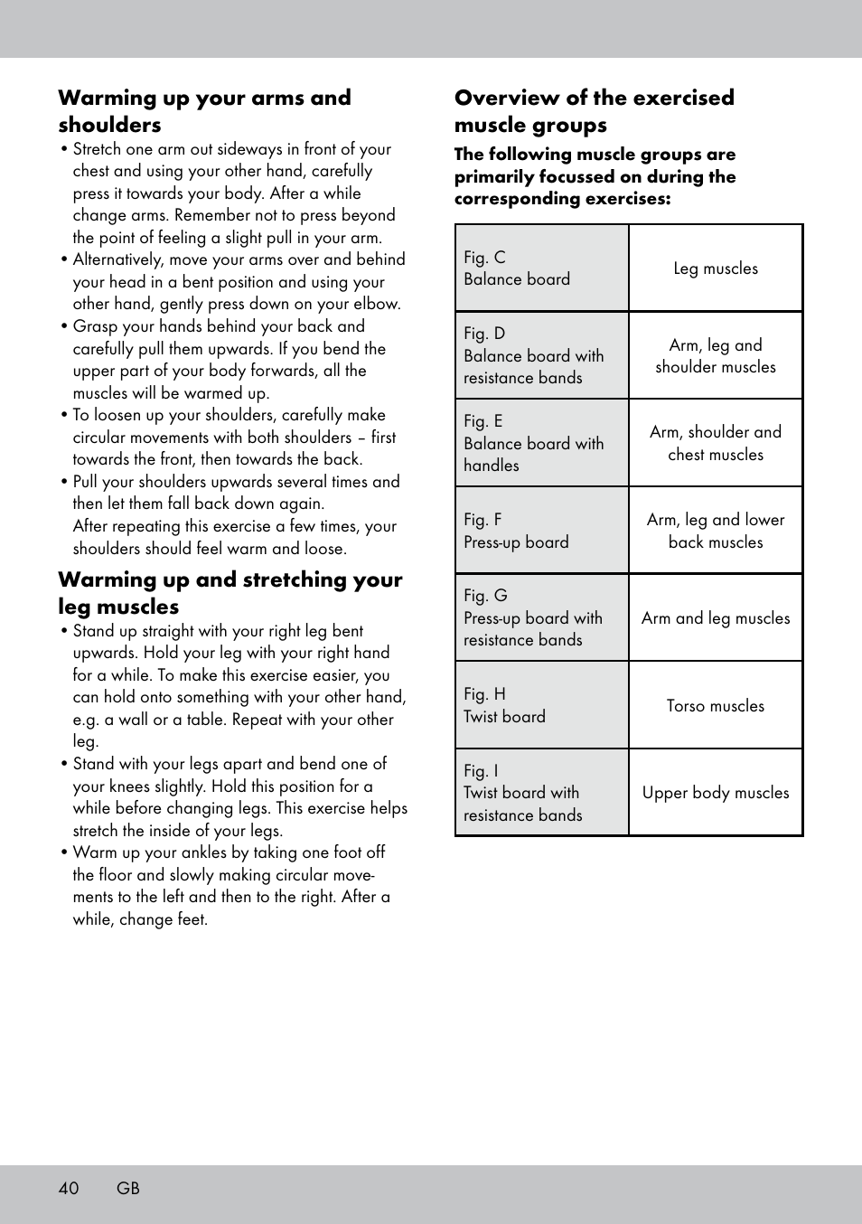 Overview of the exercised muscle groups, Warming up your arms and shoulders, Warming up and stretching your leg muscles | Crivit FB-1539 User Manual | Page 40 / 48