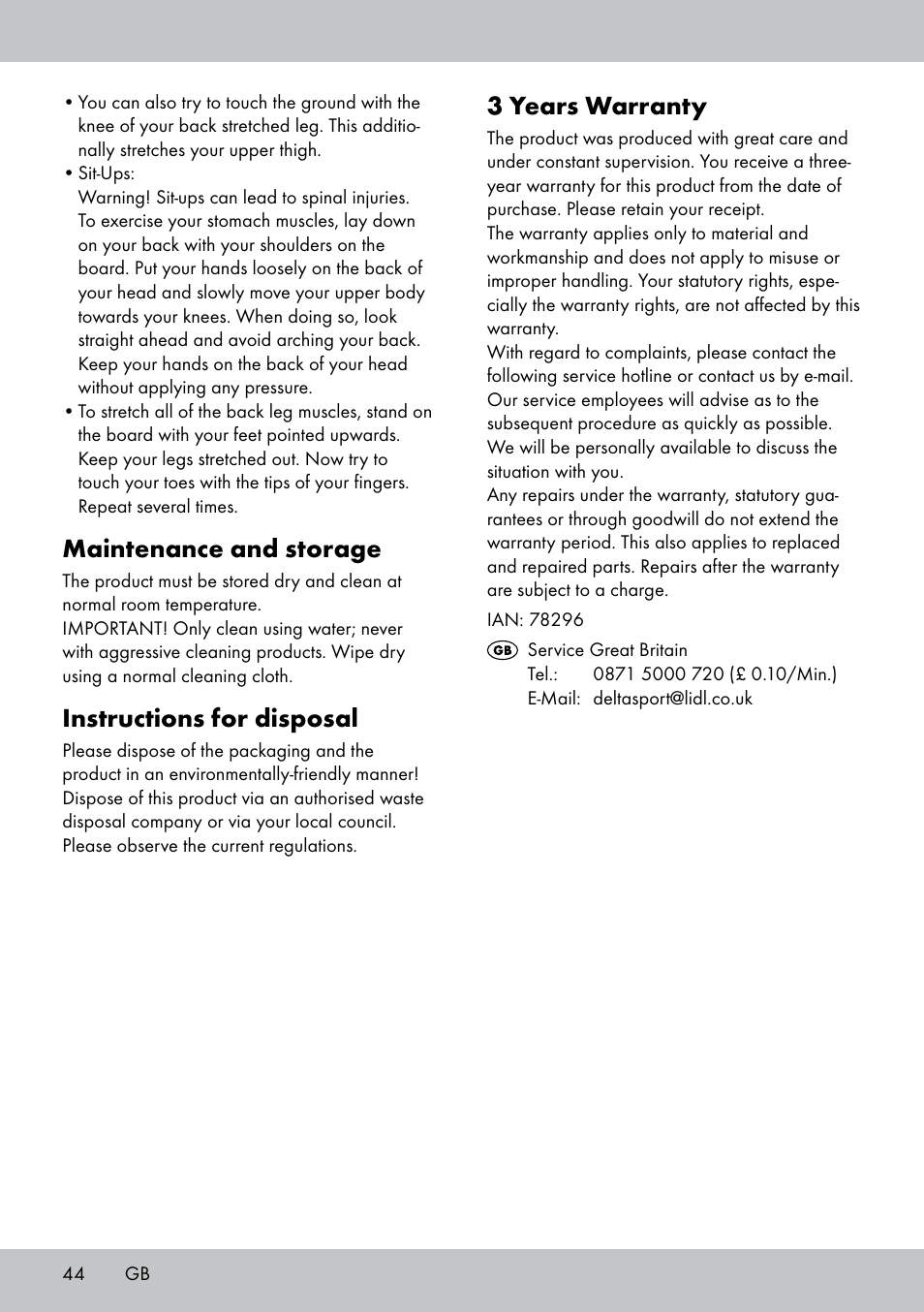 3 years warranty, Maintenance and storage, Instructions for disposal | Crivit FB-1539 User Manual | Page 44 / 48
