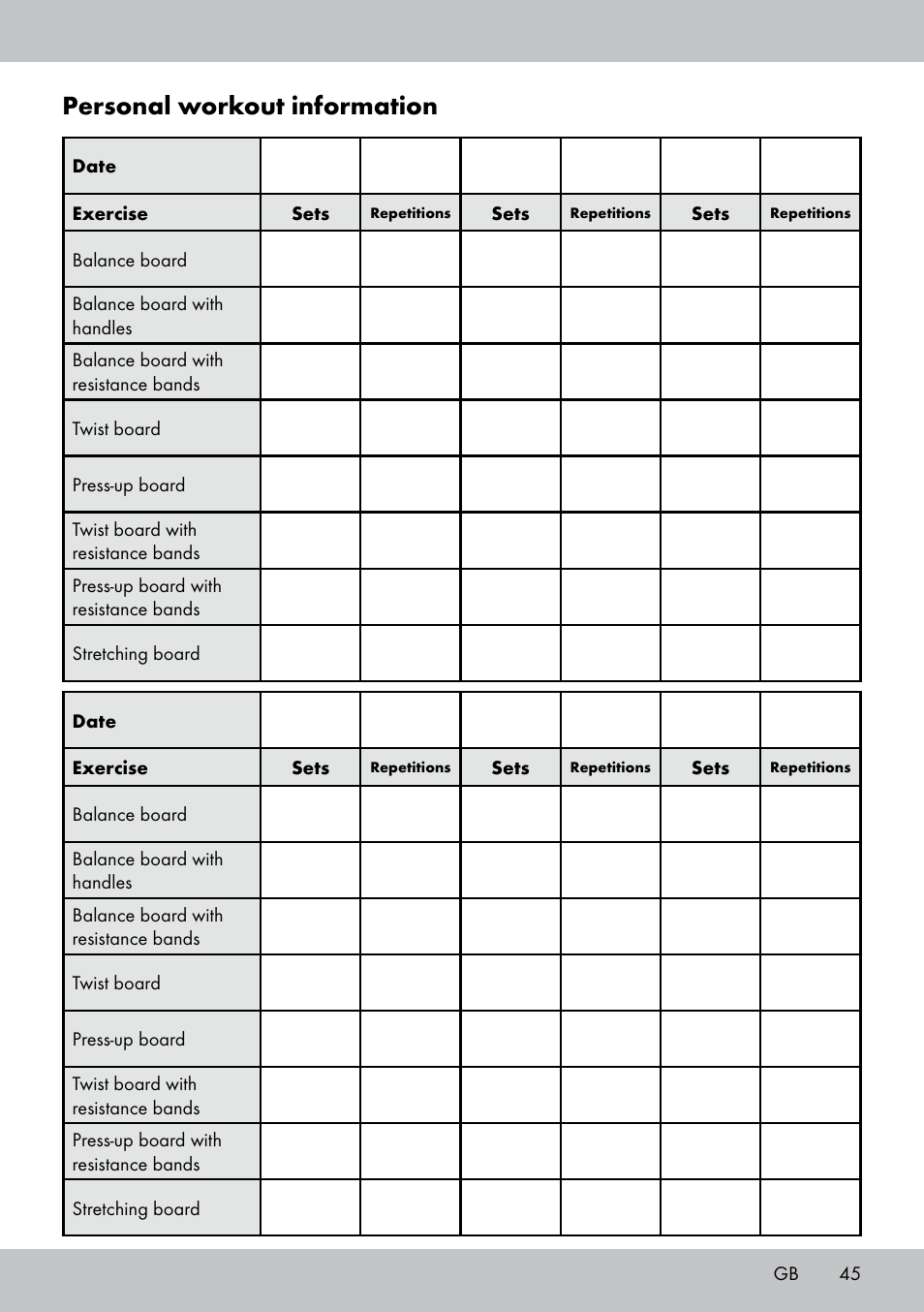 Personal workout information | Crivit FB-1539 User Manual | Page 45 / 48