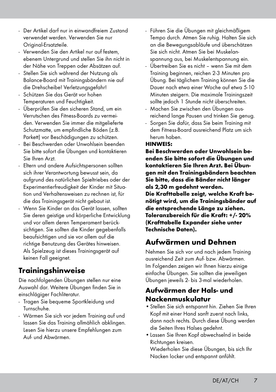 Trainingshinweise, Aufwärmen und dehnen, Aufwärmen der hals- und nackenmuskulatur | Crivit FB-1539 User Manual | Page 7 / 48