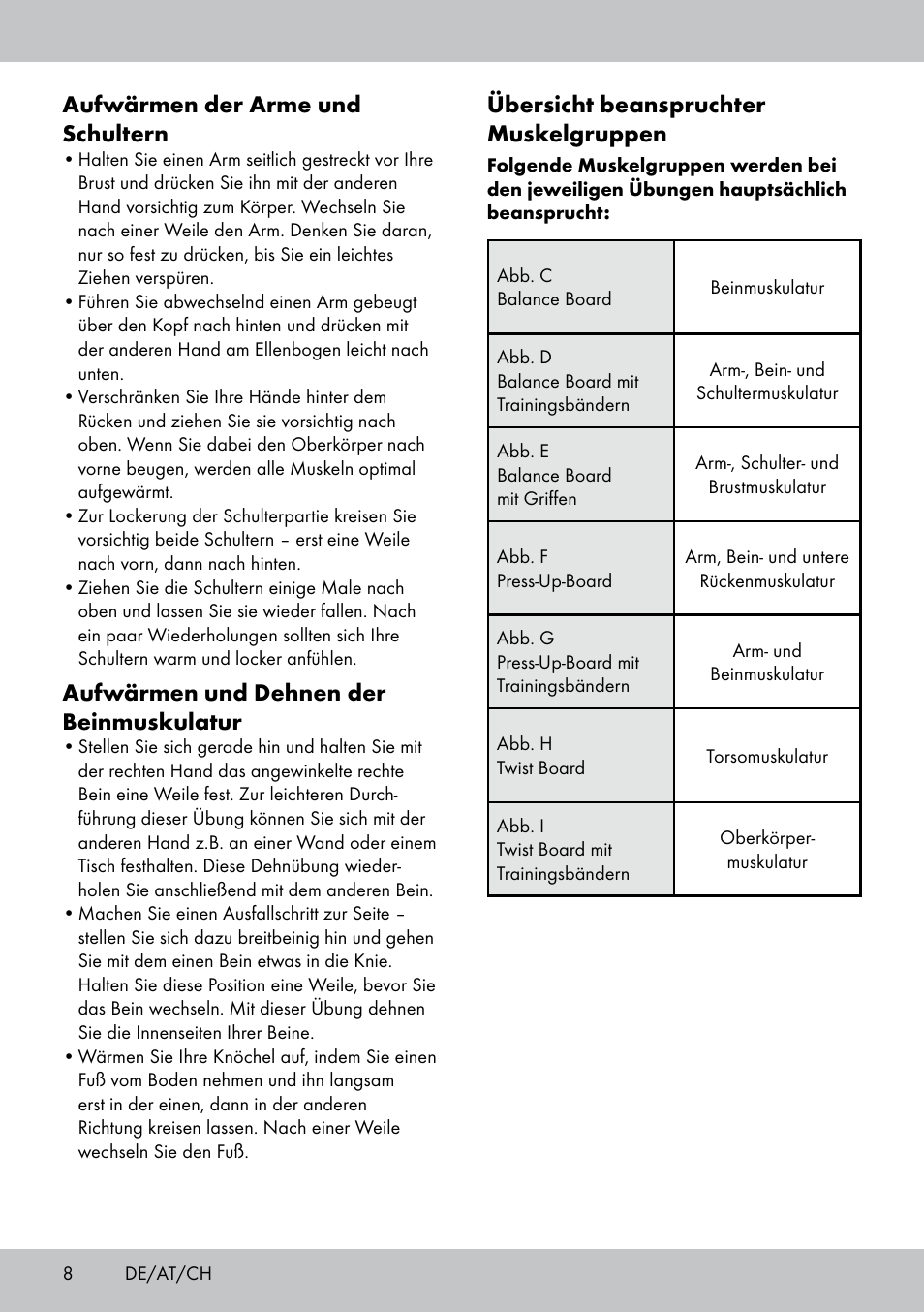 Übersicht beanspruchter muskelgruppen, Aufwärmen der arme und schultern, Aufwärmen und dehnen der beinmuskulatur | Crivit FB-1539 User Manual | Page 8 / 48