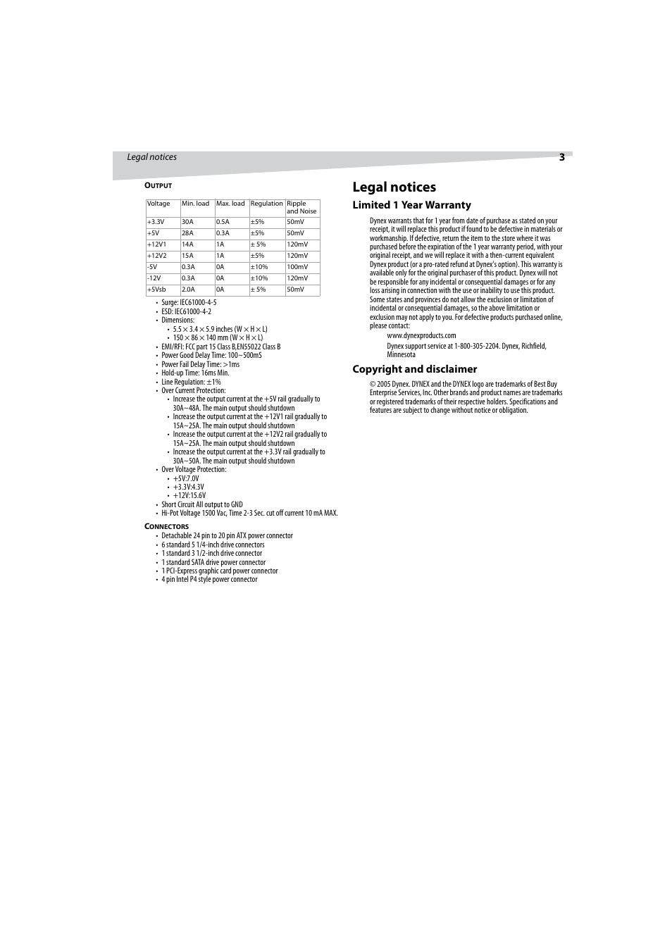 Legal notices, Limited 1 year warranty, Copyright and disclaimer | Dynex DX-PS400W2 User Manual | Page 3 / 8