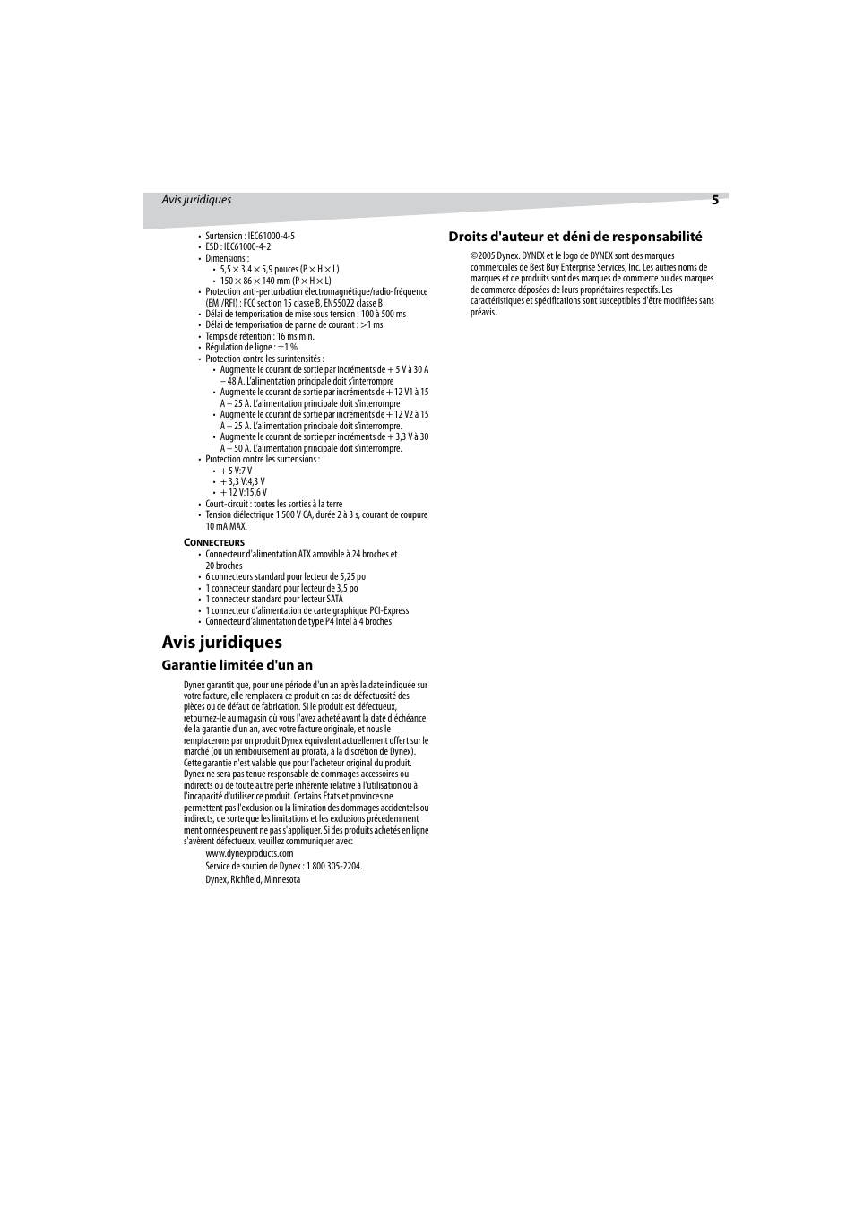Avis juridiques | Dynex DX-PS400W2 User Manual | Page 5 / 8