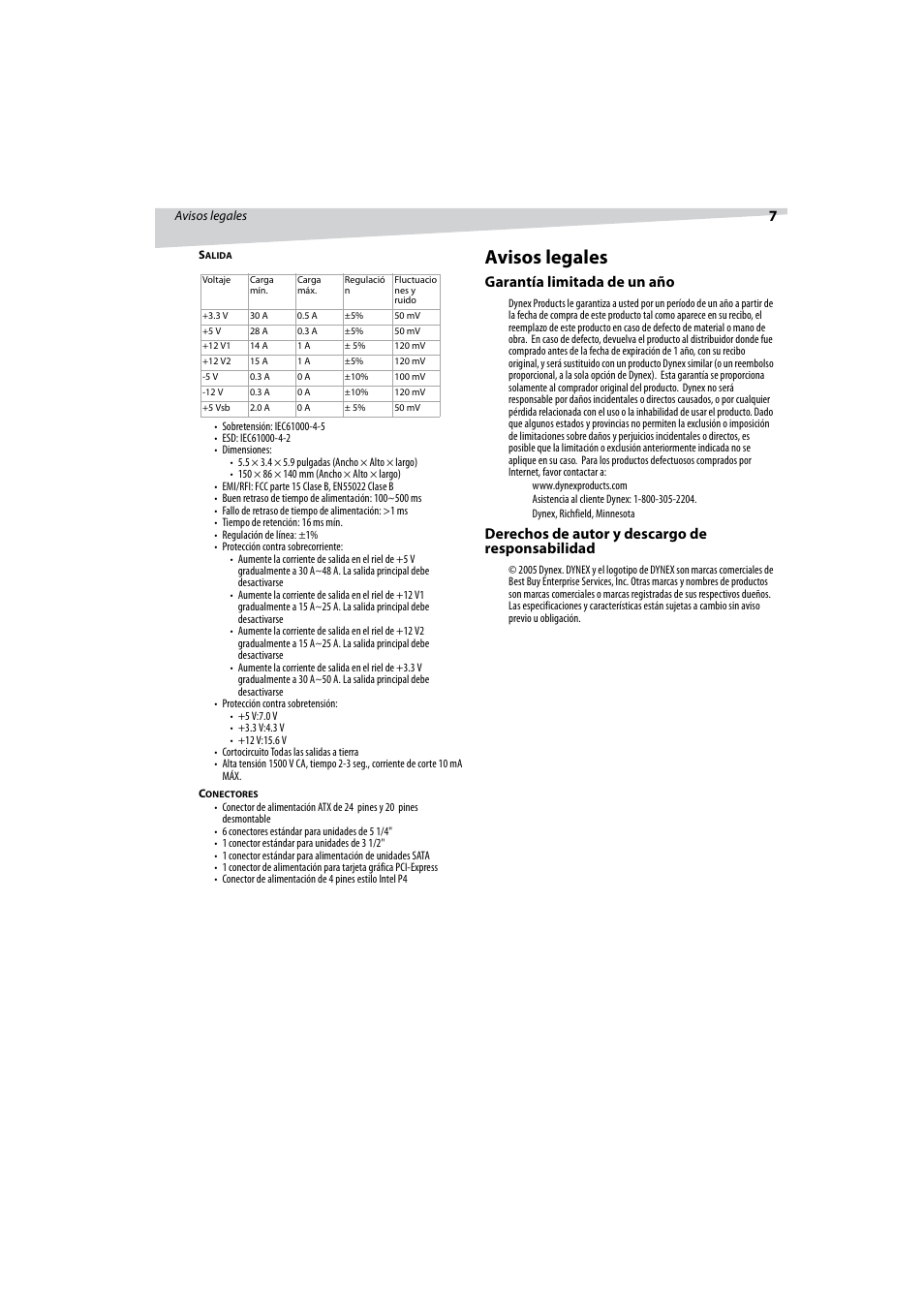 Avisos legales, Garantía limitada de un año, Derechos de autor y descargo de responsabilidad | Dynex DX-PS400W2 User Manual | Page 7 / 8