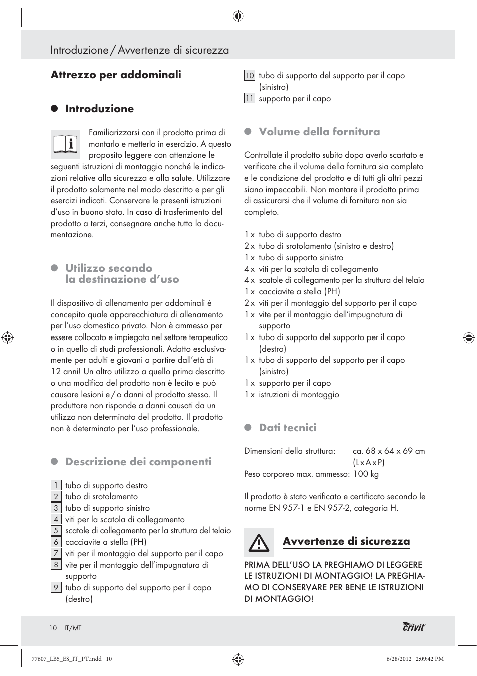 Introduzione / avvertenze di sicurezza, Attrezzo per addominali, Introduzione | Utilizzo secondo la destinazione d’uso, Descrizione dei componenti, Volume della fornitura, Dati tecnici, Avvertenze di sicurezza | Crivit Z30601 User Manual | Page 12 / 36