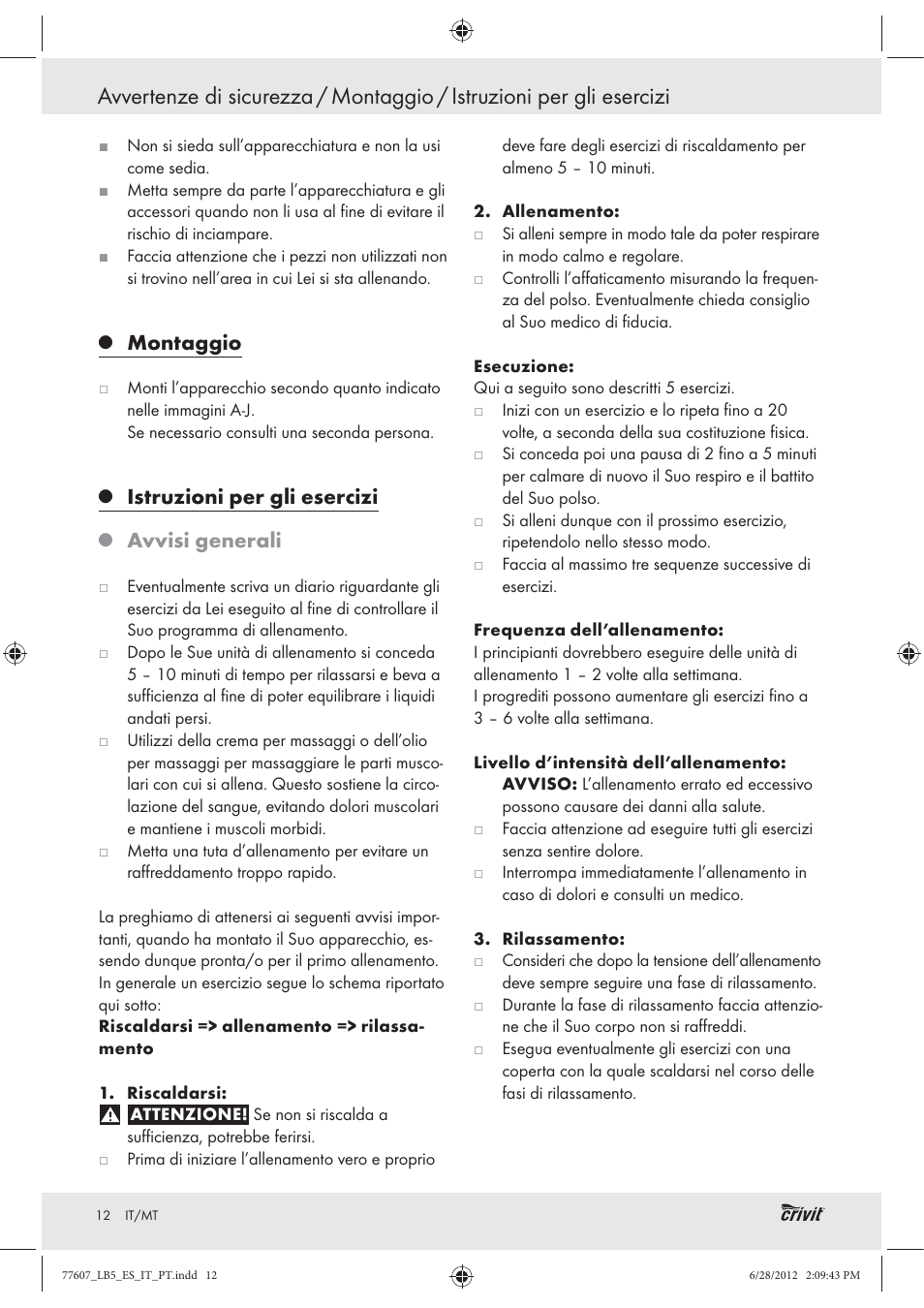 Montaggio, Istruzioni per gli esercizi, Avvisi generali | Crivit Z30601 User Manual | Page 14 / 36