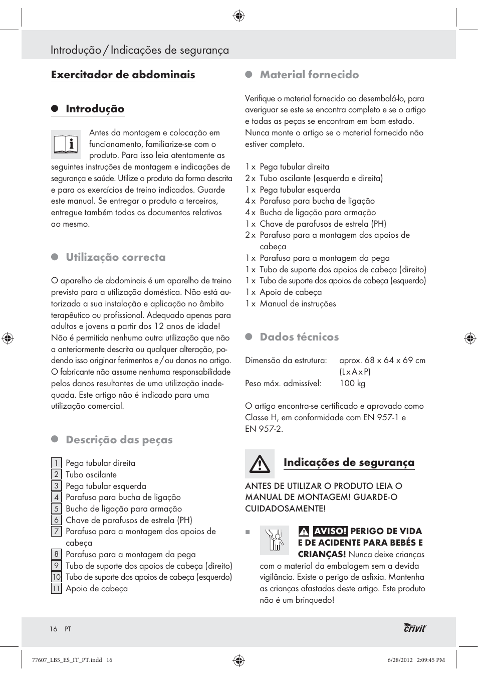 Introdução / indicações de segurança, Exercitador de abdominais, Introdução | Utilização correcta, Descrição das peças, Material fornecido, Dados técnicos, Indicações de segurança | Crivit Z30601 User Manual | Page 18 / 36