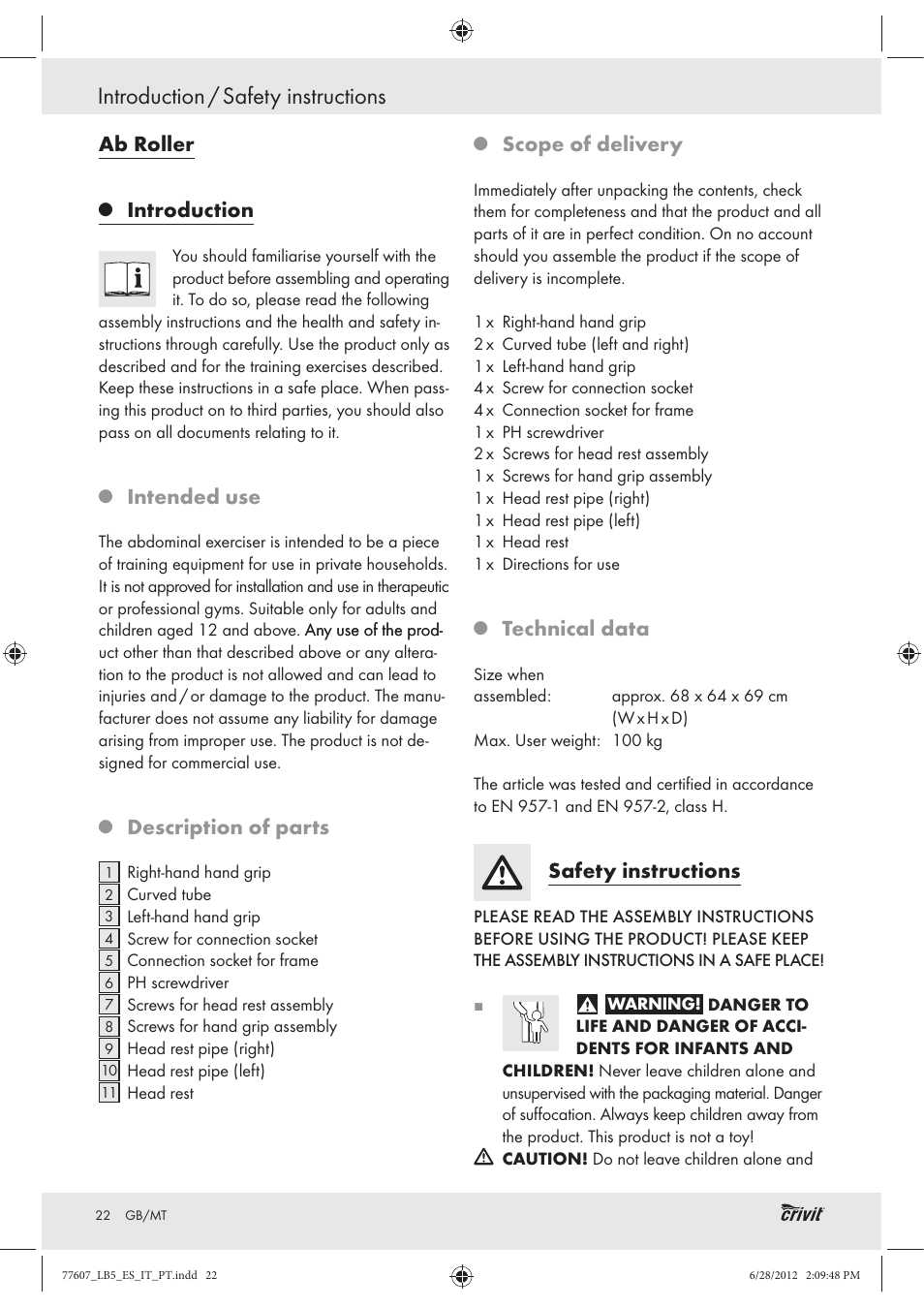 Introduction / safety instructions, Ab roller, Introduction | Intended use, Description of parts, Scope of delivery, Technical data, Safety instructions | Crivit Z30601 User Manual | Page 24 / 36