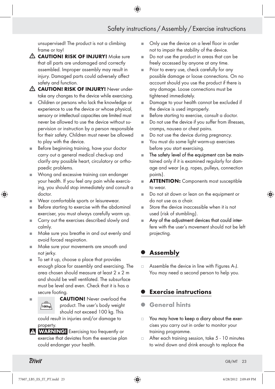 Assembly, Exercise instructions, General hints | Crivit Z30601 User Manual | Page 25 / 36