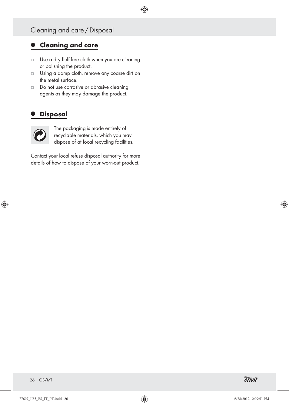 Cleaning and care / disposal, Cleaning and care, Disposal | Crivit Z30601 User Manual | Page 28 / 36