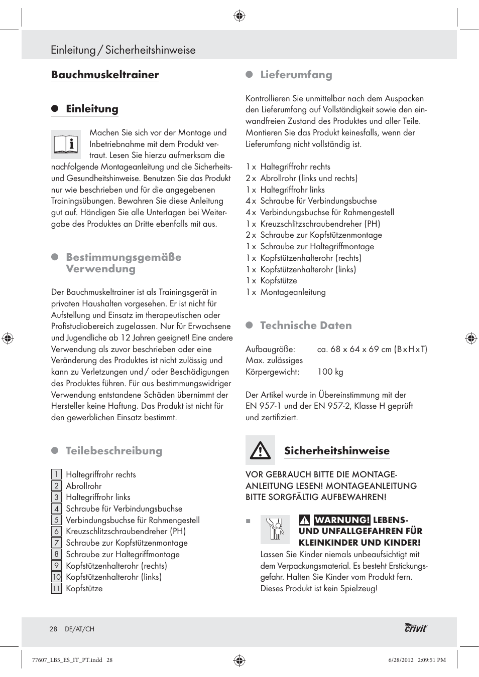 Einleitung / sicherheitshinweise, Bauchmuskeltrainer, Einleitung | Bestimmungsgemäße verwendung, Teilebeschreibung, Lieferumfang, Technische daten, Sicherheitshinweise | Crivit Z30601 User Manual | Page 30 / 36
